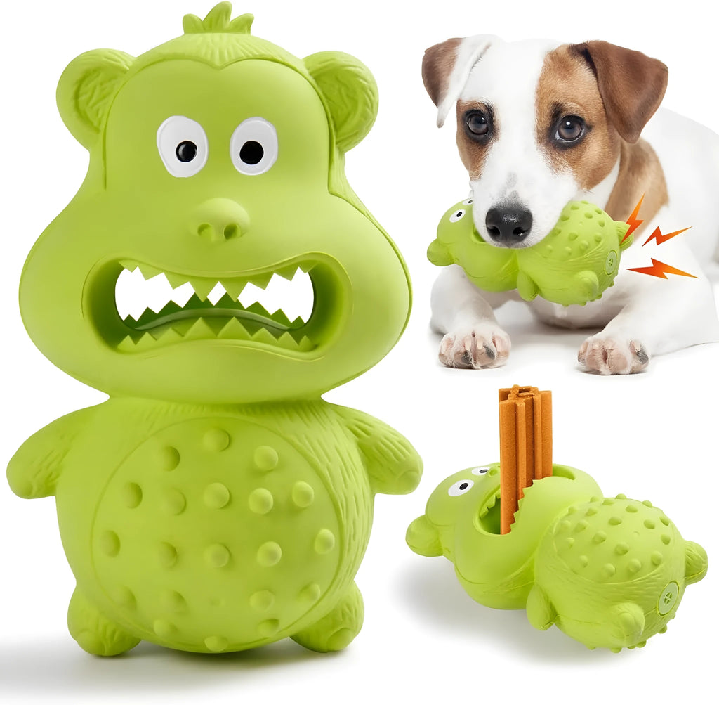 Green and yellow natural rubber squeaky dog toy for large breed aggressive chewers