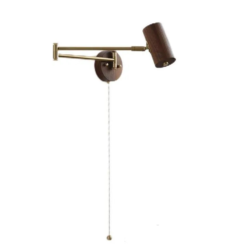Retro rotating wall lamp with long adjustable arm and integrated switch in walnut wood finish
