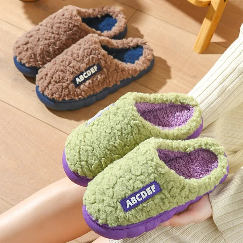 New Letter indoor non-slip thick-soled fur slippers in beige, plush upper, round toe, PVC sole, flat heel