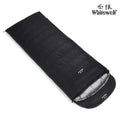 Black outdoor adult sleeping bag with envelope structure and white goose down filler.