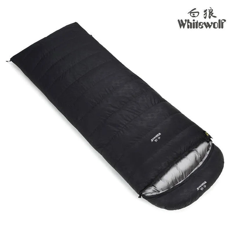 Black outdoor adult sleeping bag with envelope structure and white goose down filler.