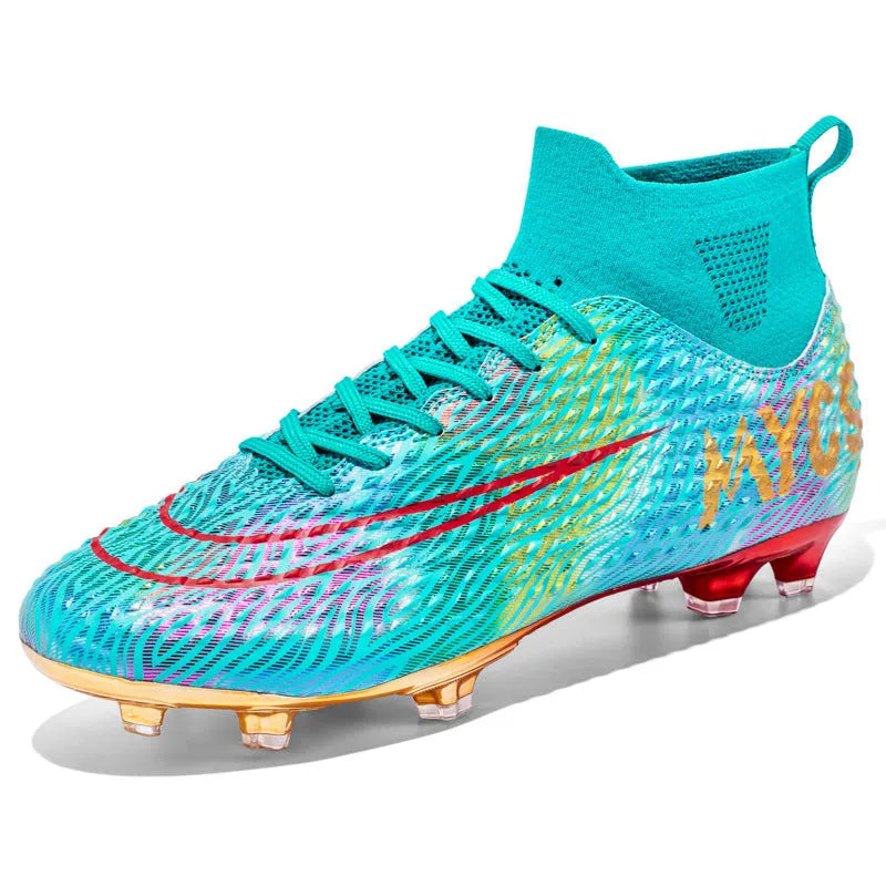 Men's outdoor training gold-plated high-top soccer shoes in green with synthetic leather upper and rubber sole