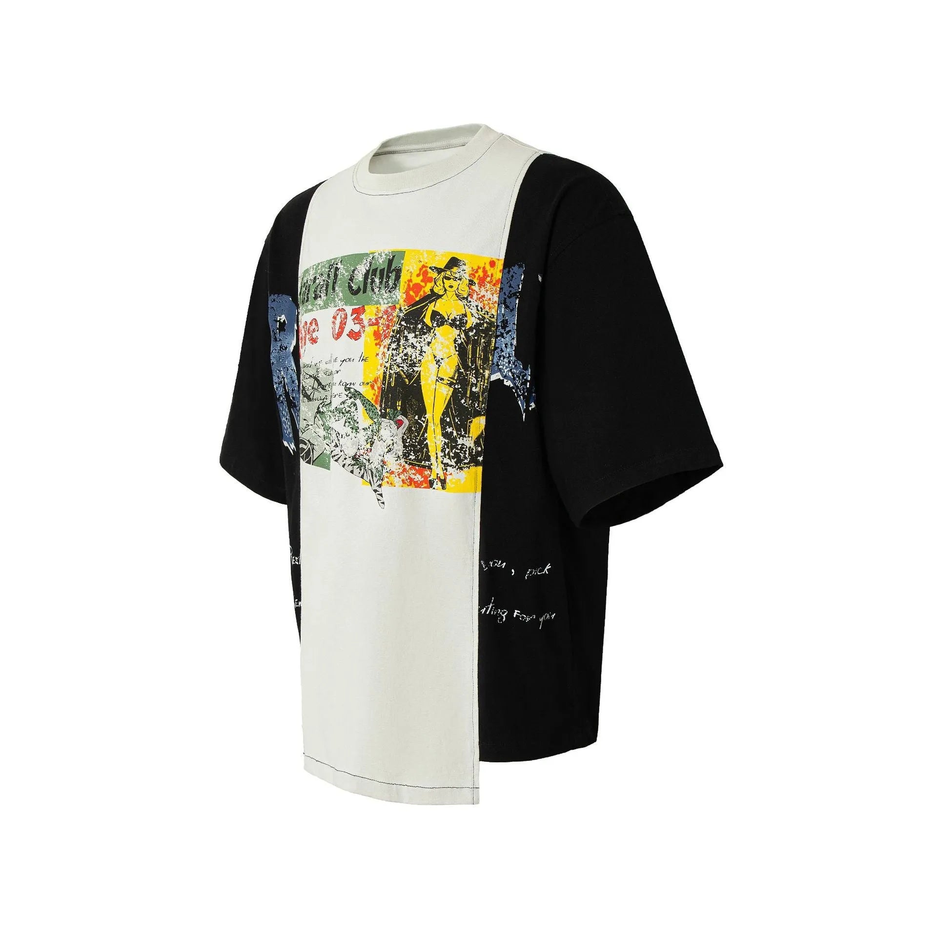 Black and white broken collage deconstruction print on a loose fit cotton blend t-shirt