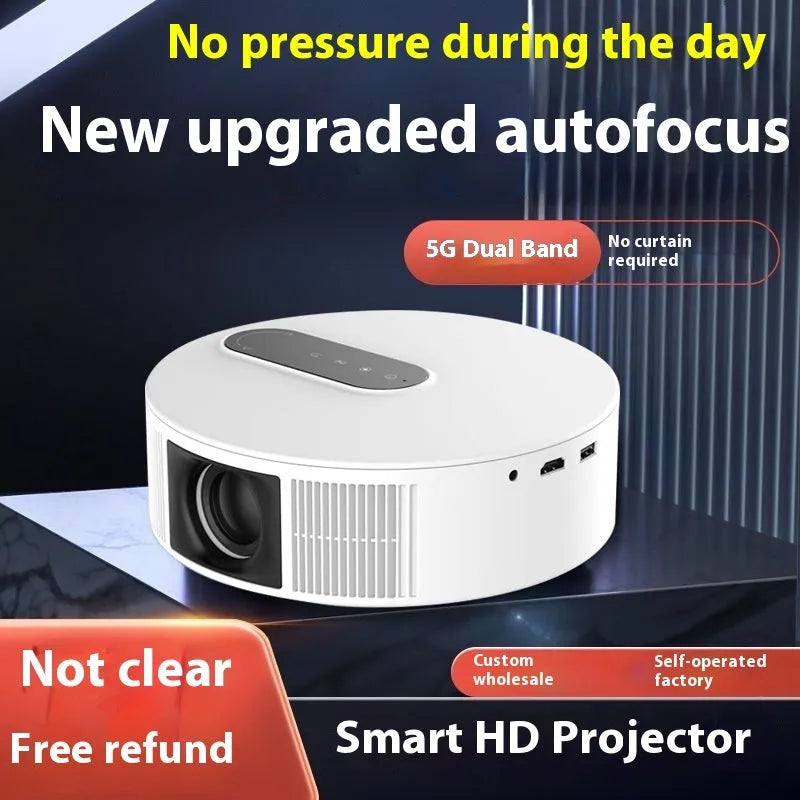White HD 720p home projector with remote control on table