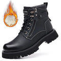 Men's brown leather high-top boots with velvet trim and side zipper closure