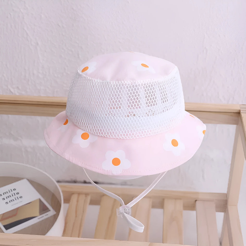 Floral baby bucket hat in blue with mesh fabric, side view showing brim and weft-knitted texture