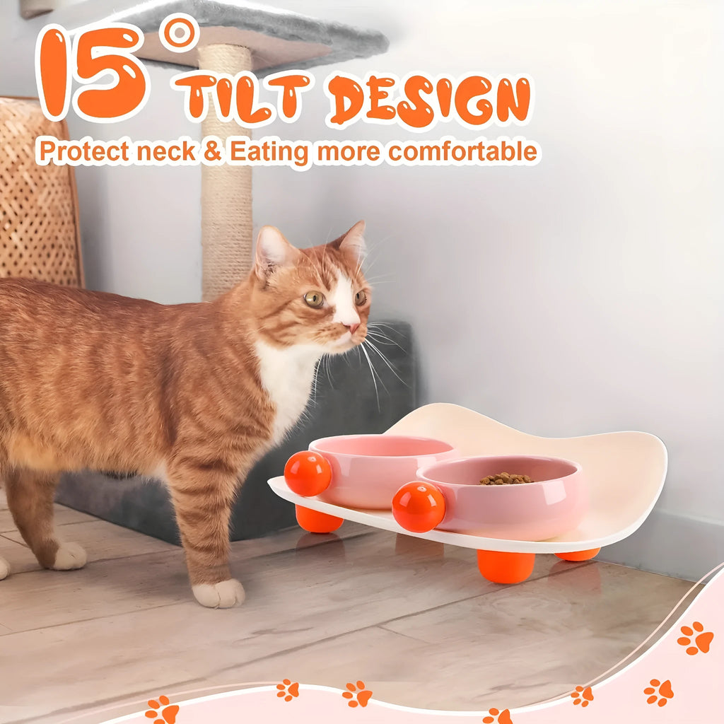 Elevated ceramic double bowl set for pets in pink, yellow or pink yellow with non-slip base