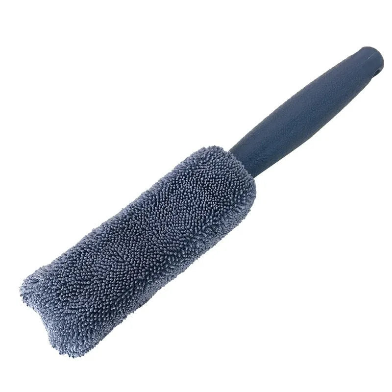 Microfiber long handle tyre brush with blue head and aluminium shaft for car wheel cleaning