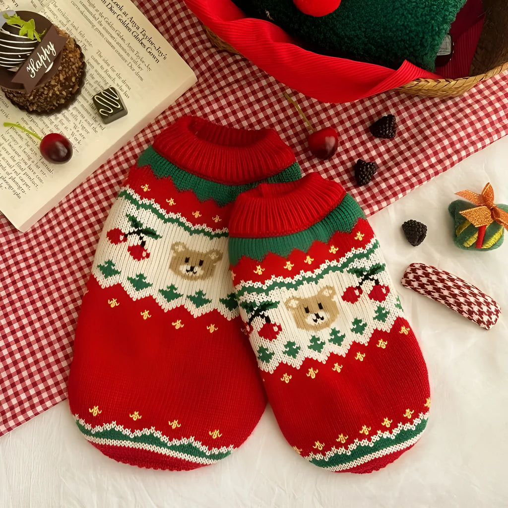 Red Christmas cherry pattern pet sweater for small dogs and cats in polyester fabric