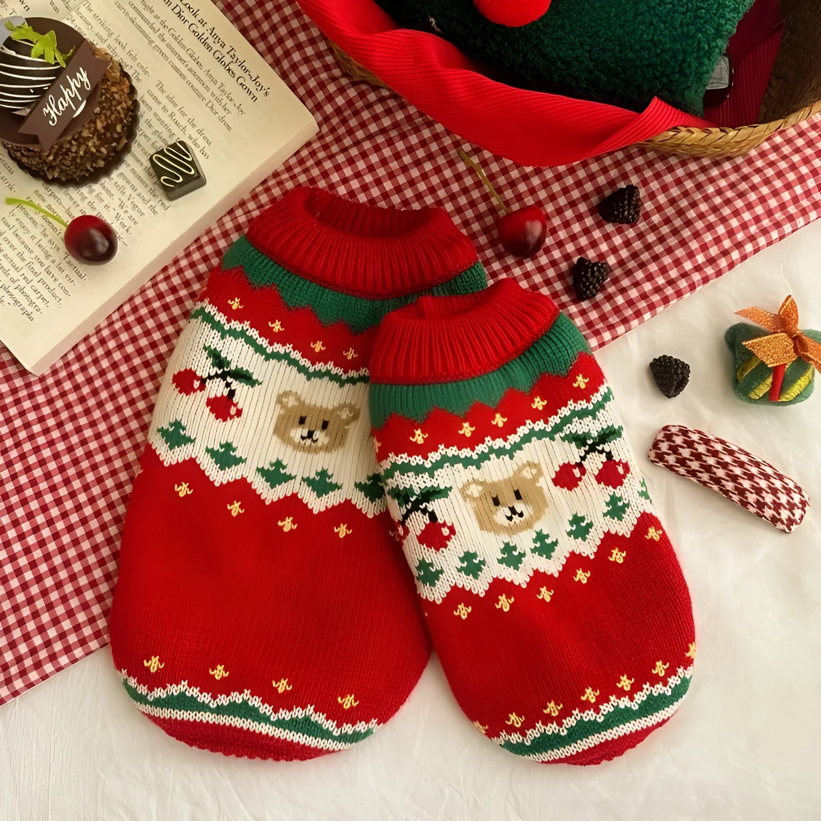 Red Christmas cherry pattern pet sweater for small dogs and cats in polyester fabric