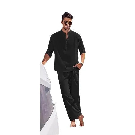 Men's solid colour cotton casual suit with long sleeves and trousers on a hanger.