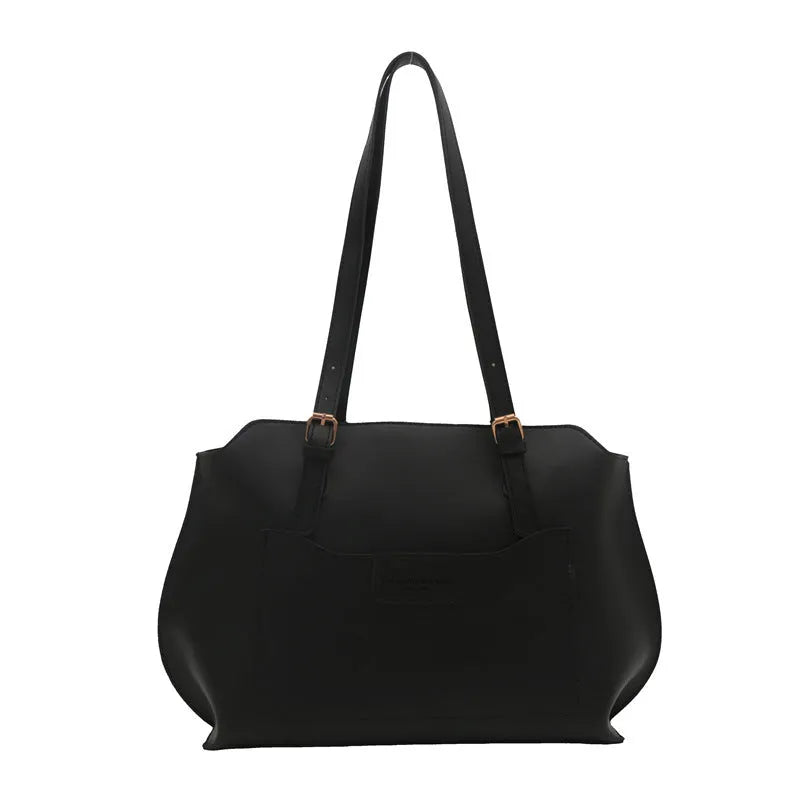 Women's PU tote bag in urban simplicity style, available in black, brown, khaki, white, with sandwich pocket and double straps