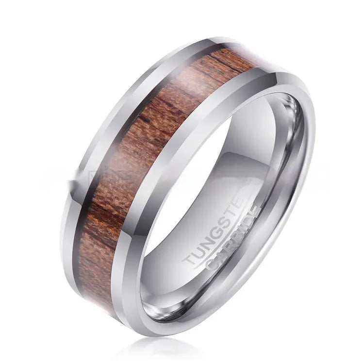8mm wide tungsten ring with Ugyen inlay and wood leather accents in rose gold finish