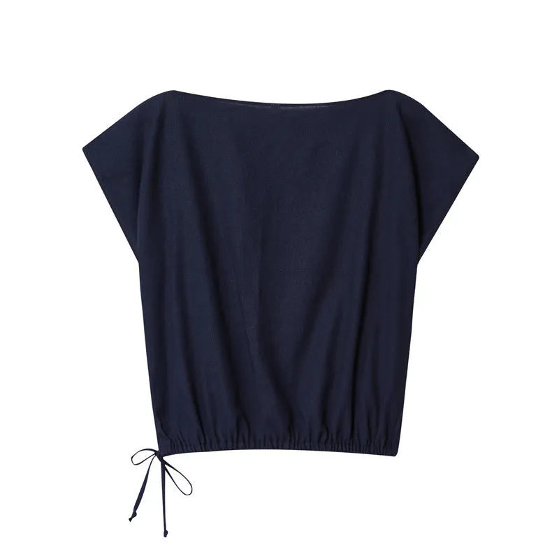 Women's linen blend office set with off-neck collar shirt and wide leg trousers