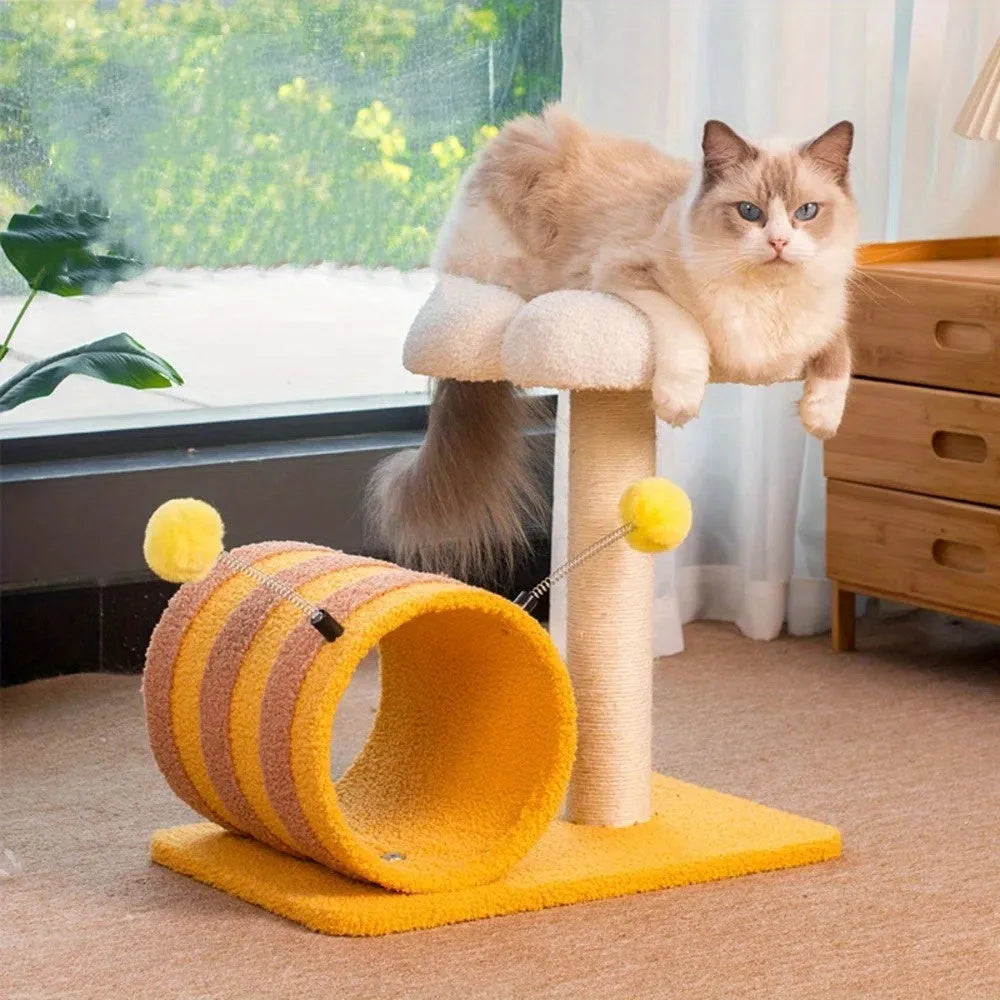 Yellow bee-shaped cat climbing frame with sisal scratching posts and a fabric tunnel.