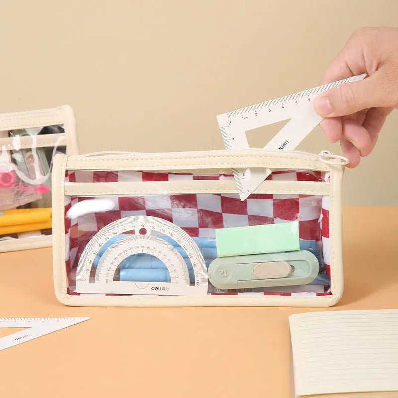 Transparent PVC pencil case with chessboard pattern measuring 21.5cm