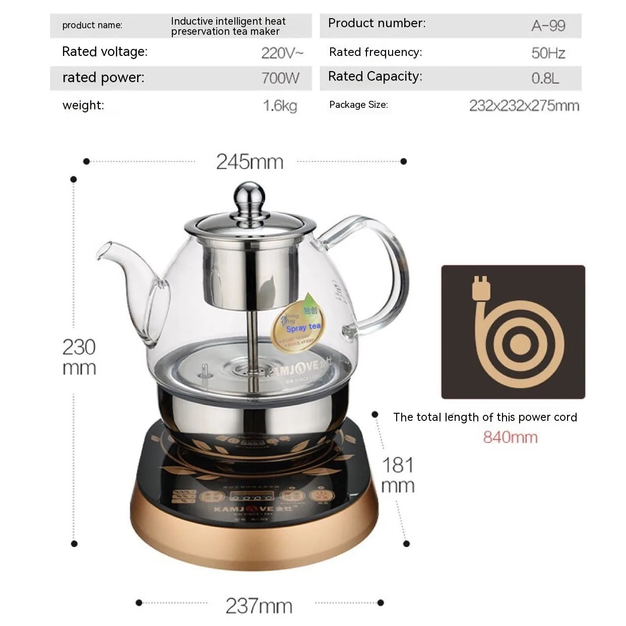 Electric glass tea maker with steam spray, automatic shut-off, in multiple colour options including A57 Black and A99