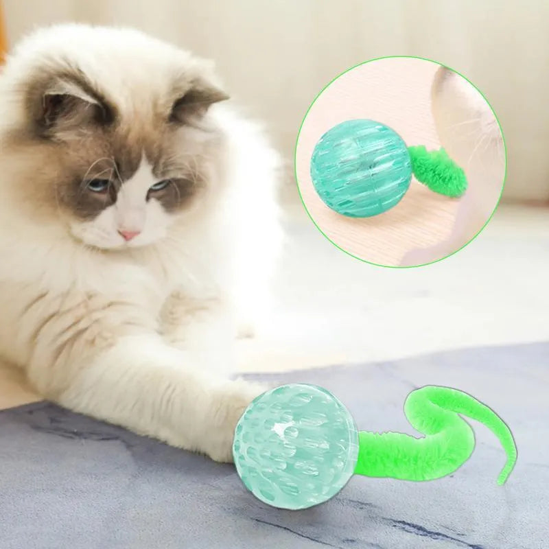 Interactive cat ball toy with worm tail attachment in green, pink, or purple colours