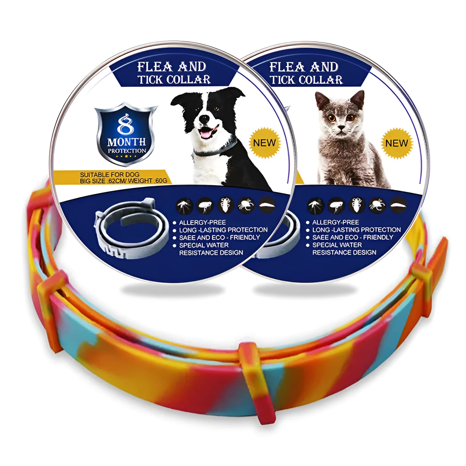 Rainbow pattern flea repellent pet collar for cats and dogs in two sizes
