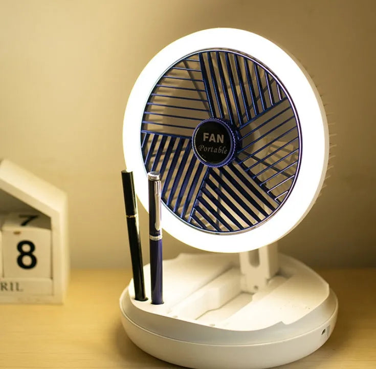 Blue or grey USB charging foldable desk fan with LED light showing wall mounting and desk use