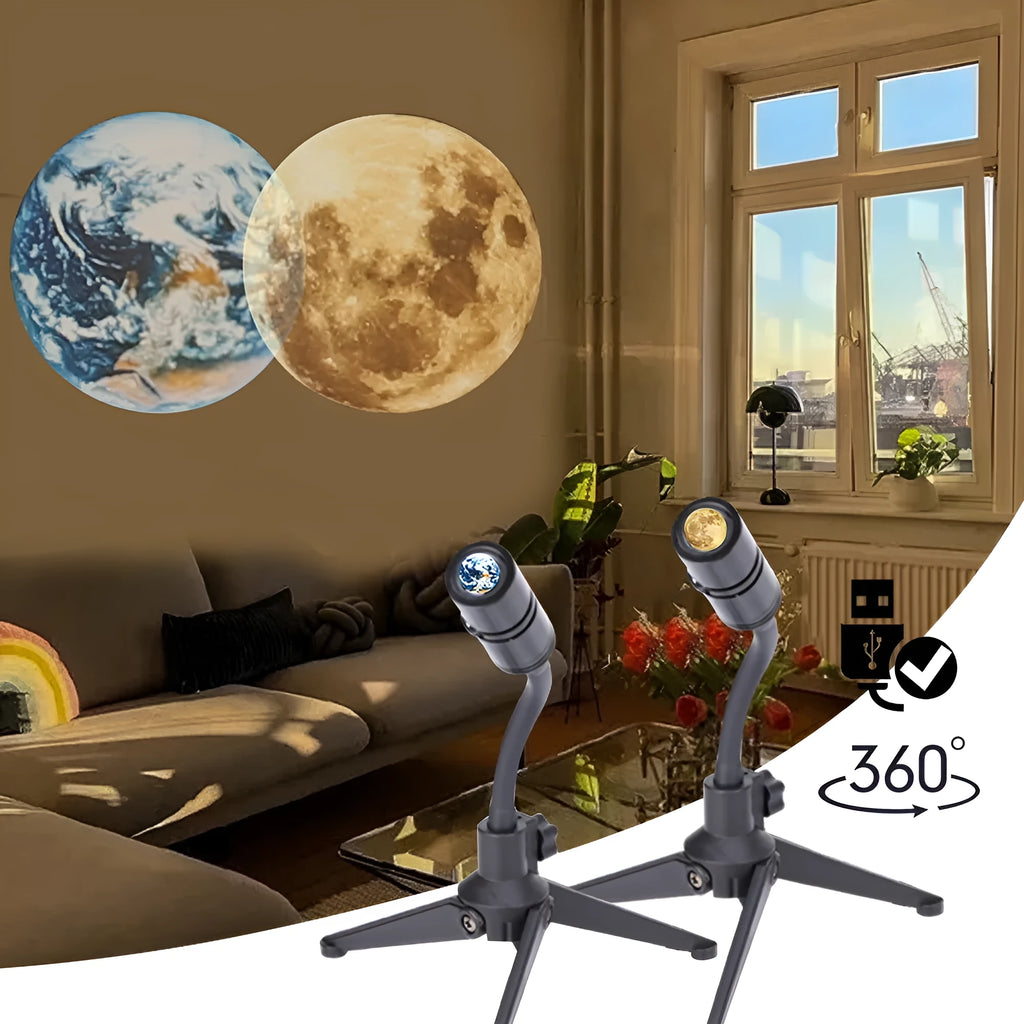 White ABS projector lamp with adjustable bendable bracket projecting earth image on wall
