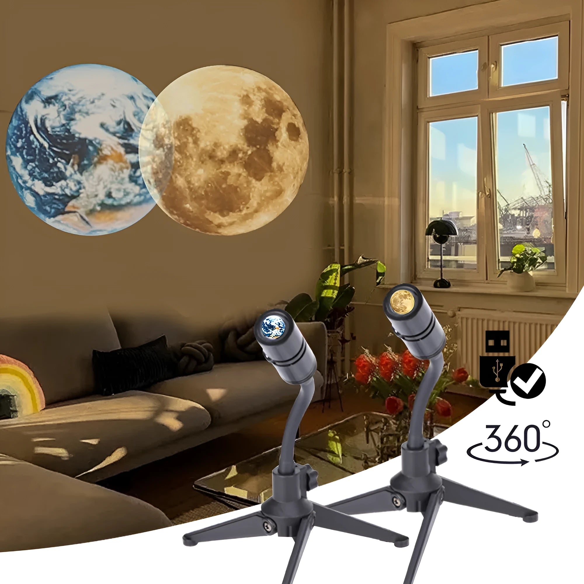White ABS projector lamp with adjustable bendable bracket projecting earth image on wall