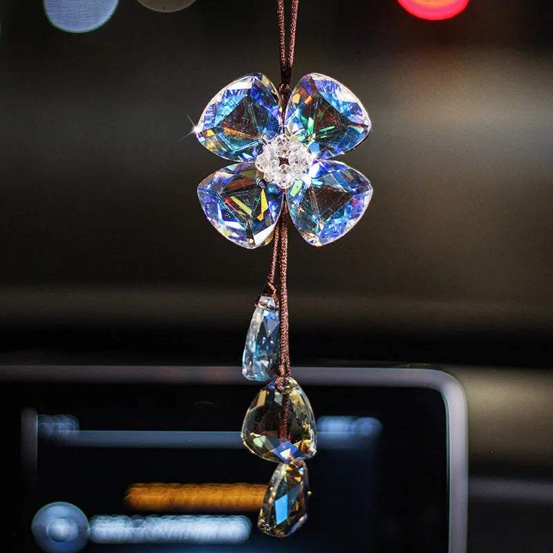 Crystal four leaf grass car interior pendant hanging from rear view mirror