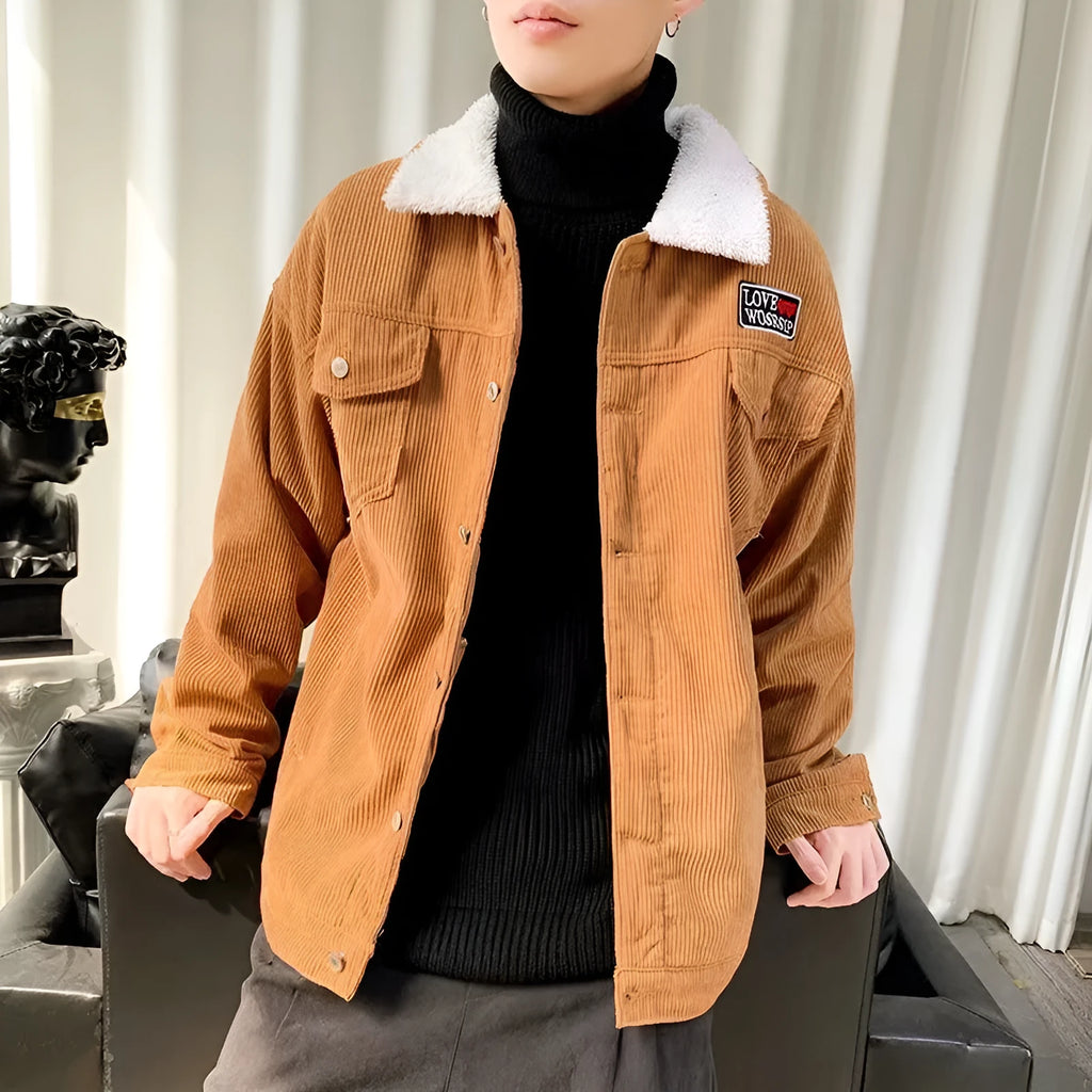 Men's loose fit corduroy workwear jacket in khaki colour with stick pockets