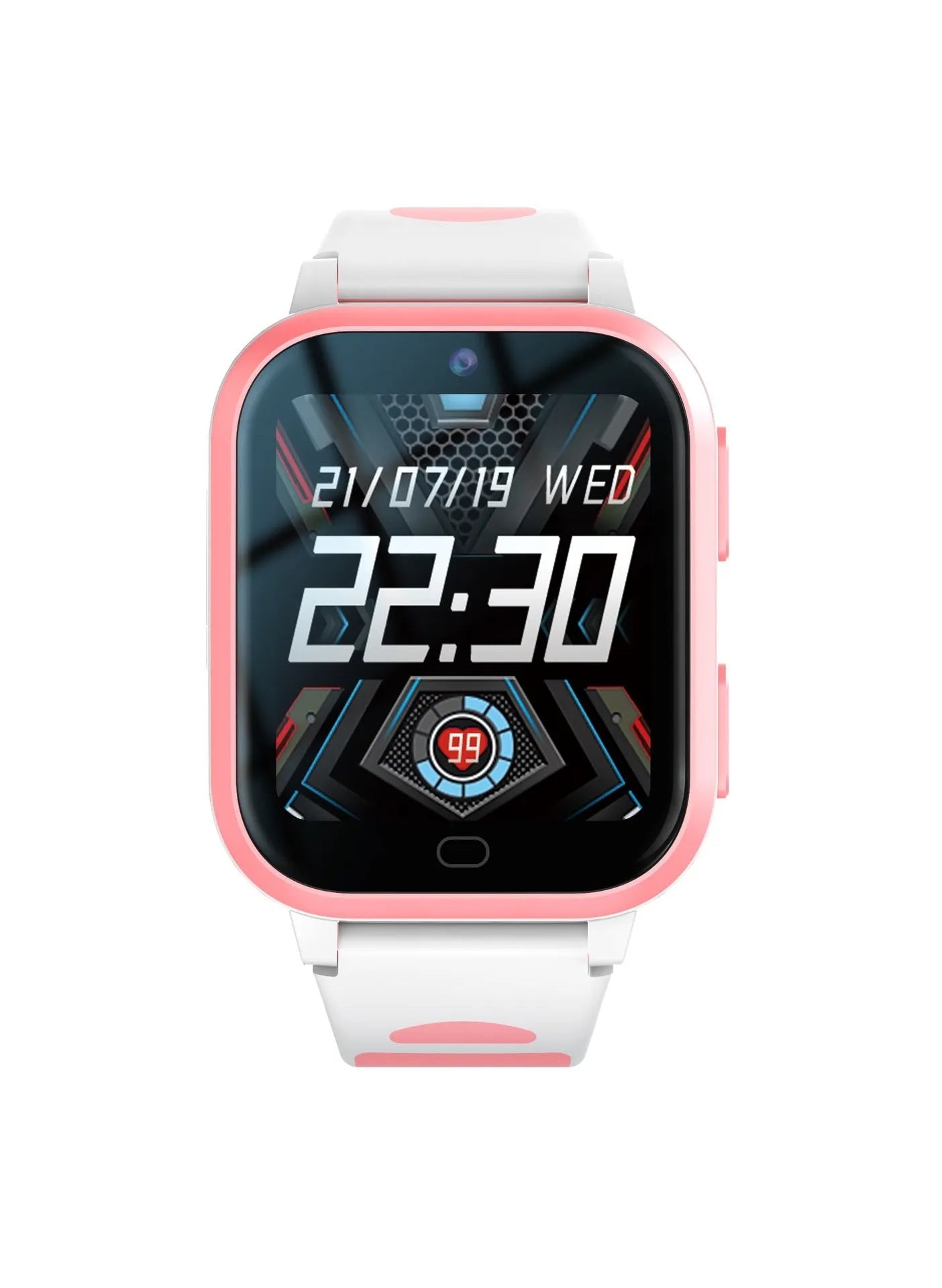 Child's smartwatch with colour touch screen on a wrist strap, showing video call interface