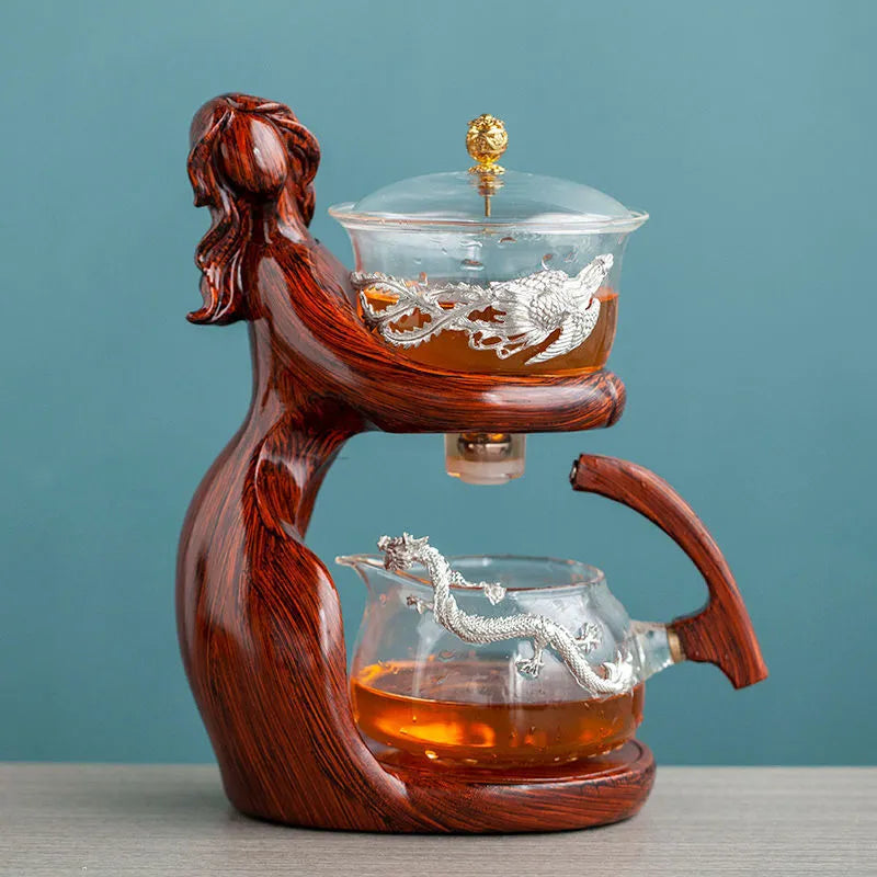 Maid semi-automatic tea set with borosilicate glass teapot, stainless steel filter, and Chinese-style woman sculpture base