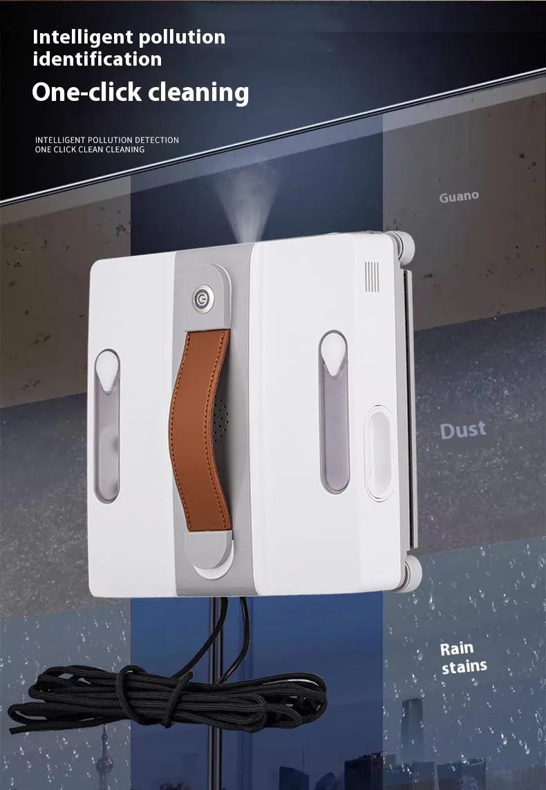 White intelligent window cleaning robot with compact design on a window pane