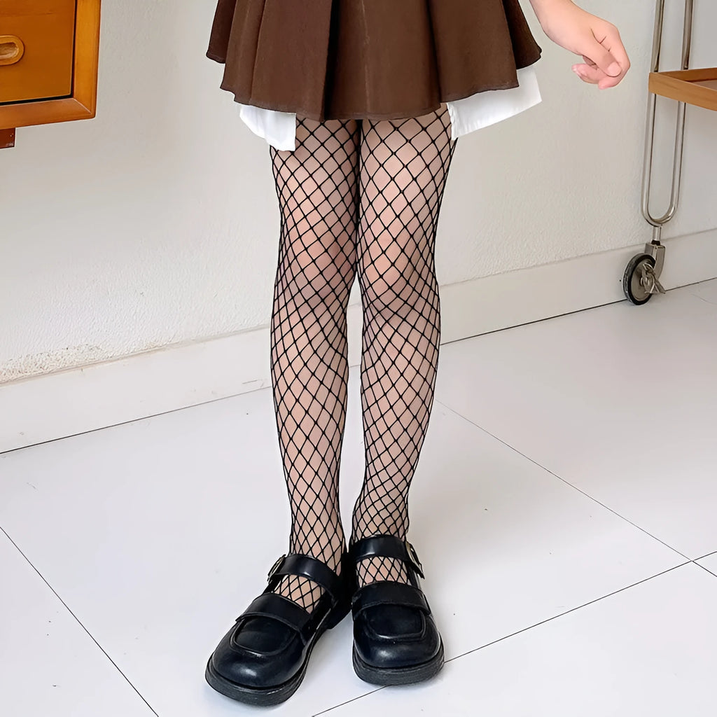 Sheer mesh pantyhose for women showing large, medium and small net patterns in black and white