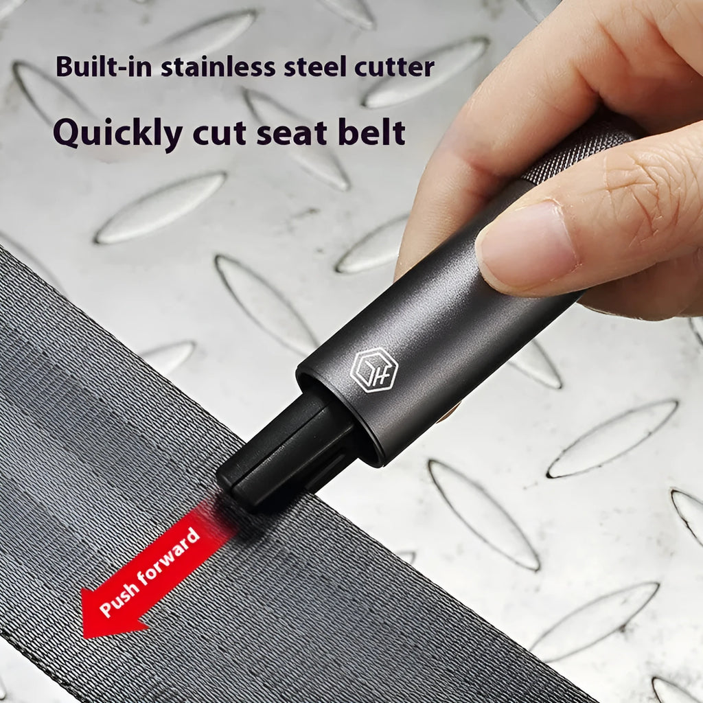 Gun grey aluminium alloy car safety hammer with seatbelt cutter measuring 87mm long