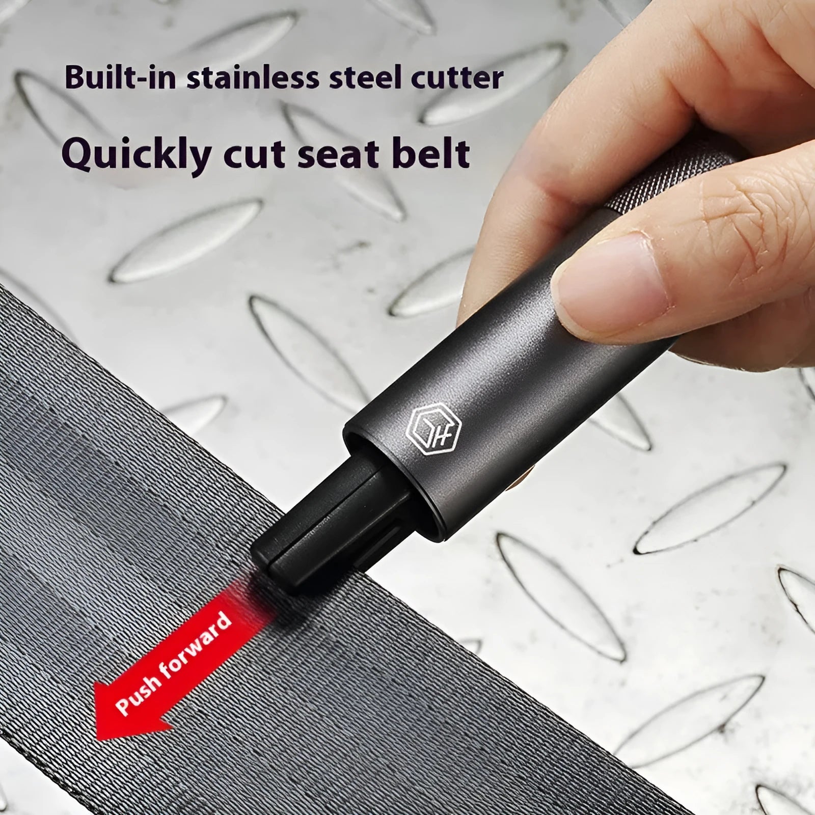 Gun grey aluminium alloy car safety hammer with seatbelt cutter measuring 87mm long
