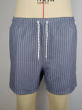 Men's striped polyester beach shorts in light blue with straight leg cut