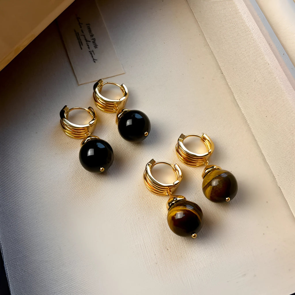 Gold-plated tigereye geometric earrings in French retro style with round elements
