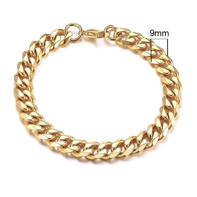 Gold six-sided Cuban link metal bracelet shown in various widths and colour options.