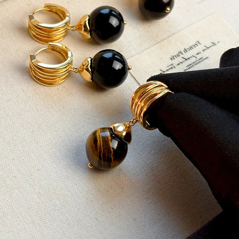 Gold-plated tigereye geometric earrings in French retro style with round elements
