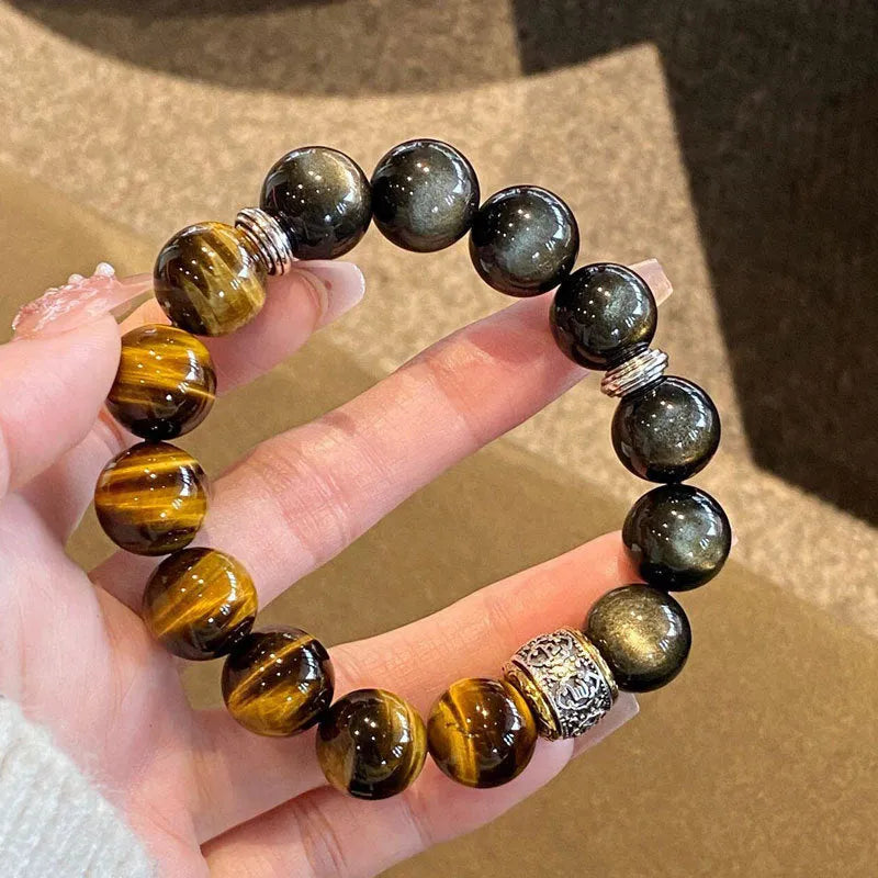 Women's double wrap tigereye silver bracelet with gold inlay decorative patterns