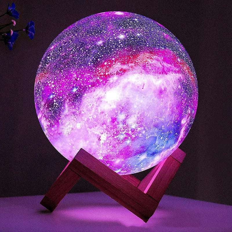 3D printed moon lamp with USB charging and remote control showing 16 colour options, PVC shade, 12-20cm sizes