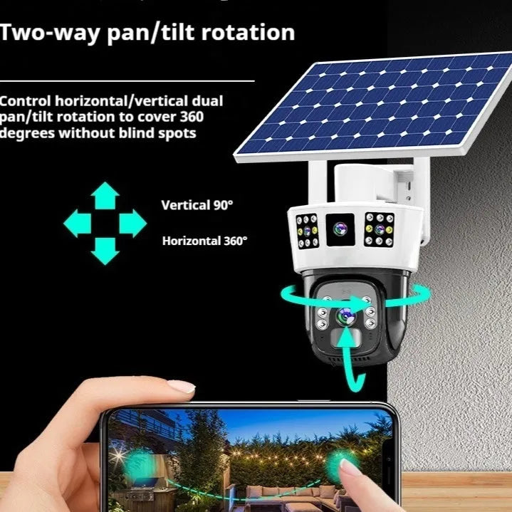 Solar-powered outdoor surveillance camera with three-screen display and waterproof housing