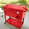 Red outdoor metal insulated trolley with wheels and a 750 capacity picnic cooler box.