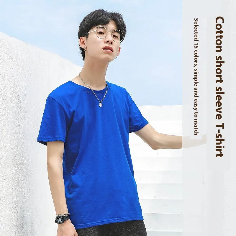 Men's solid colour combed cotton t-shirt with round neck and short sleeves