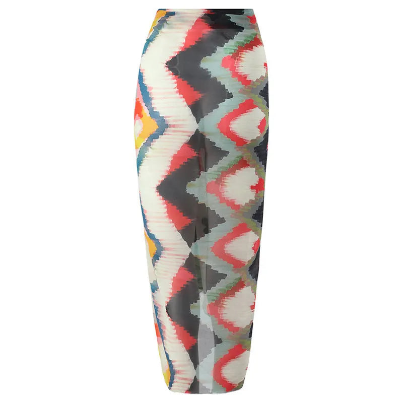 Women's two-piece polyester swimsuit with striped gradient print and matching hip skirt