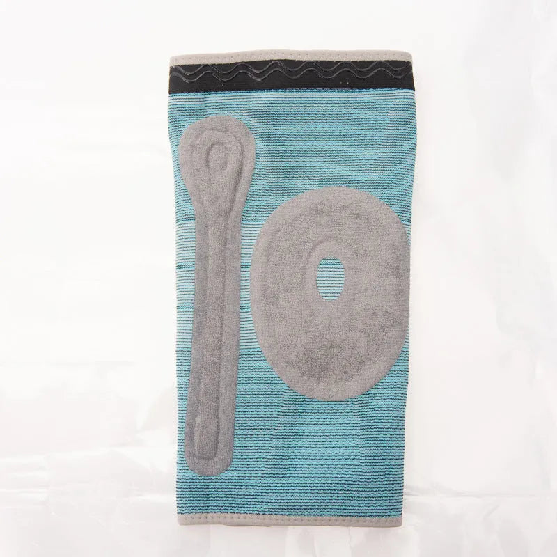 Sky blue elastic knee pads with silicone grip for sports support.