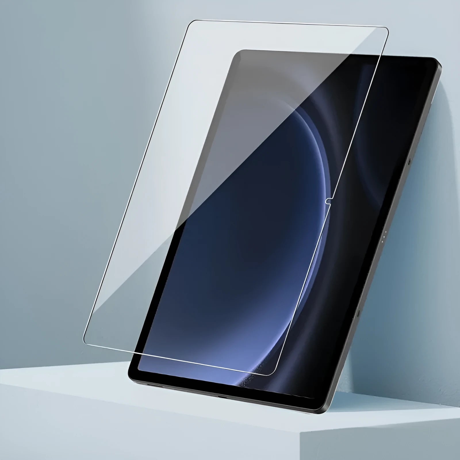 Tempered glass screen protector for Samsung tablets with anti-fingerprint coating.