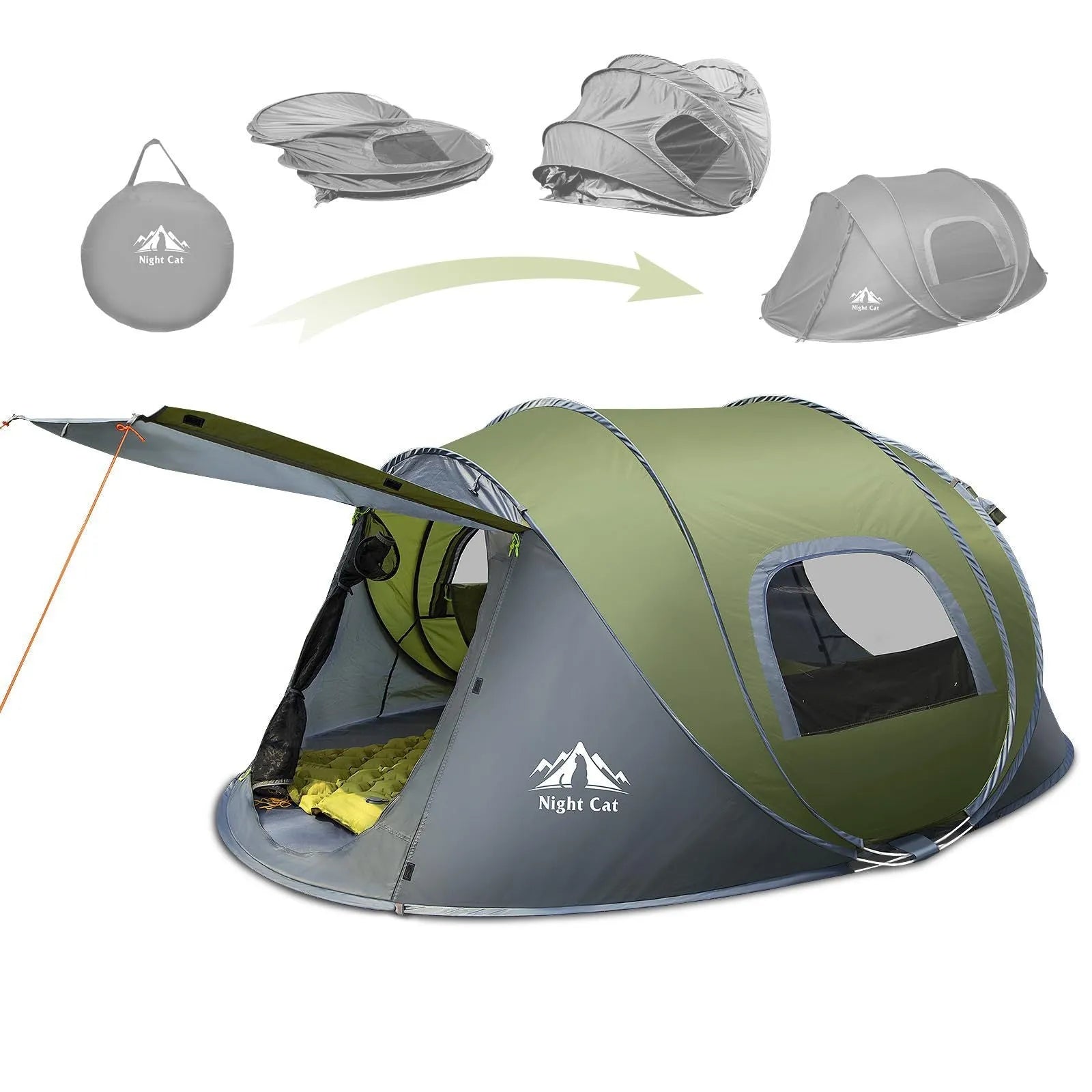Dark green two-person automatic camping tent with rainfly, shown pitched outdoors.