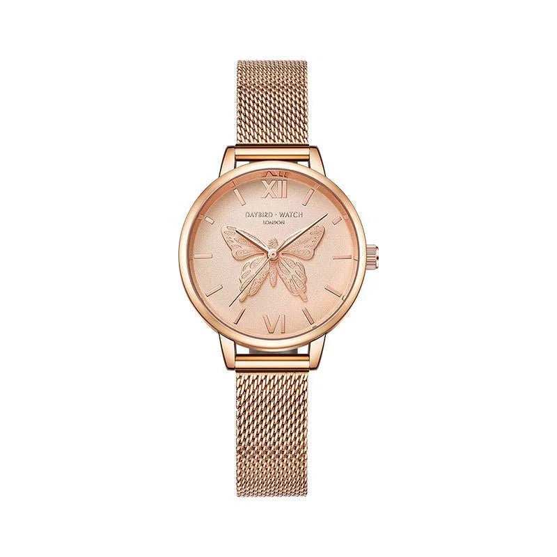 Women's quartz wrist watch with bee and butterfly decoration, small three-hand display, 10m water resistant, style option A