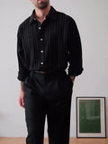 Black and white pinstriped men's long sleeve button-down shirt on a hanger.