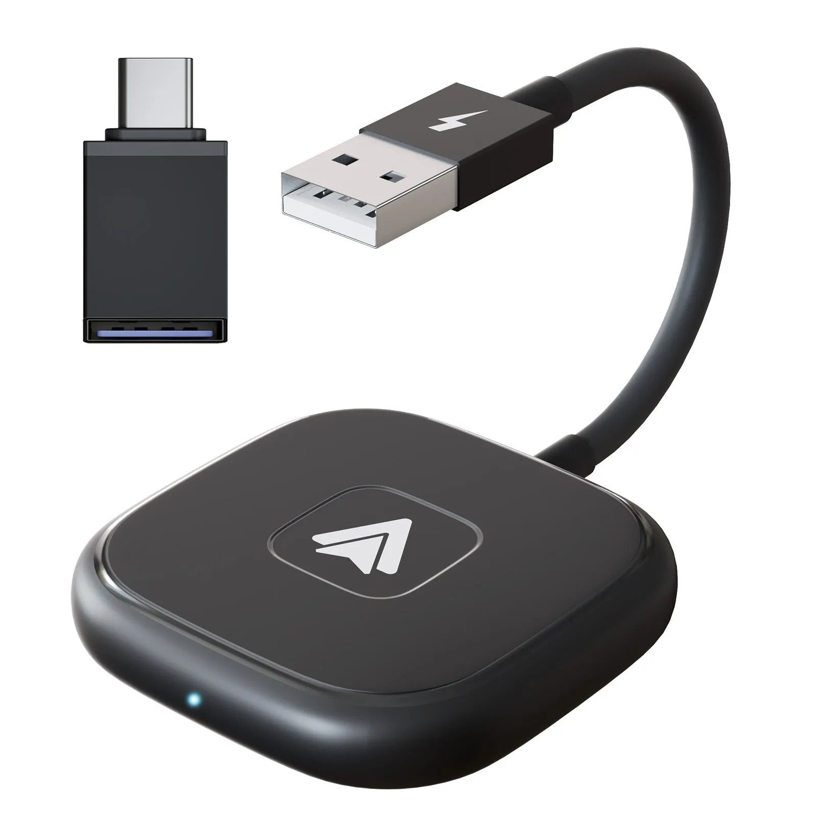 Black wireless Android Auto car adaptor connected to a car USB port with a smartphone displaying a navigation app wirelessly.